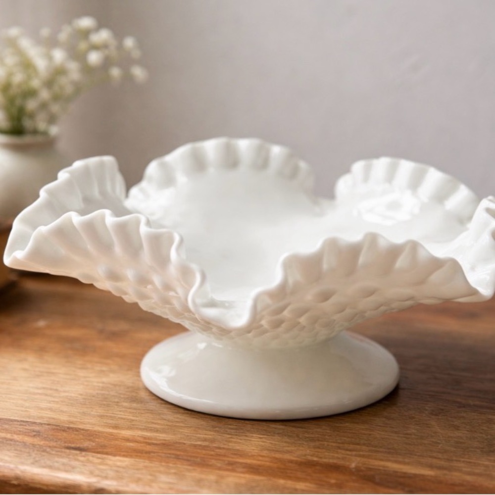 White Ruffled Milk Glass Compote Pedestal Bowl